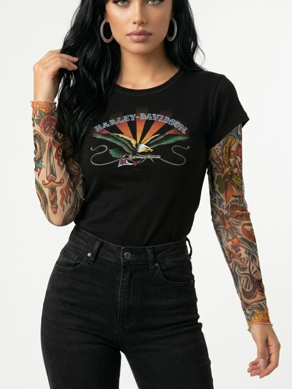 HARLEY-DAVIDSON • Black Tattoo Sheer Sleeve Eagle Graphic Tee Women’s XL